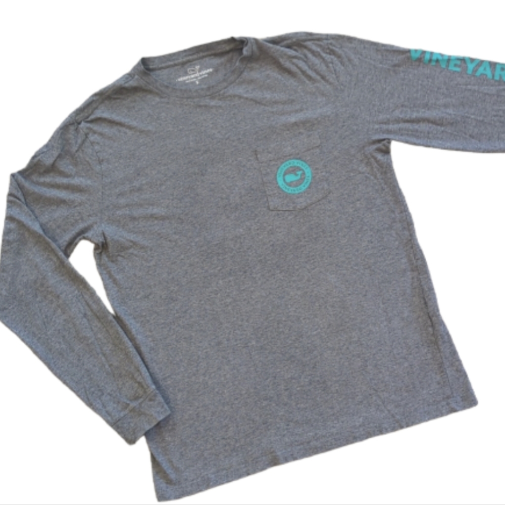 Vineyard Vines Whale Logo Long Sleeve Pocket Tee Gray and Teal Size Small